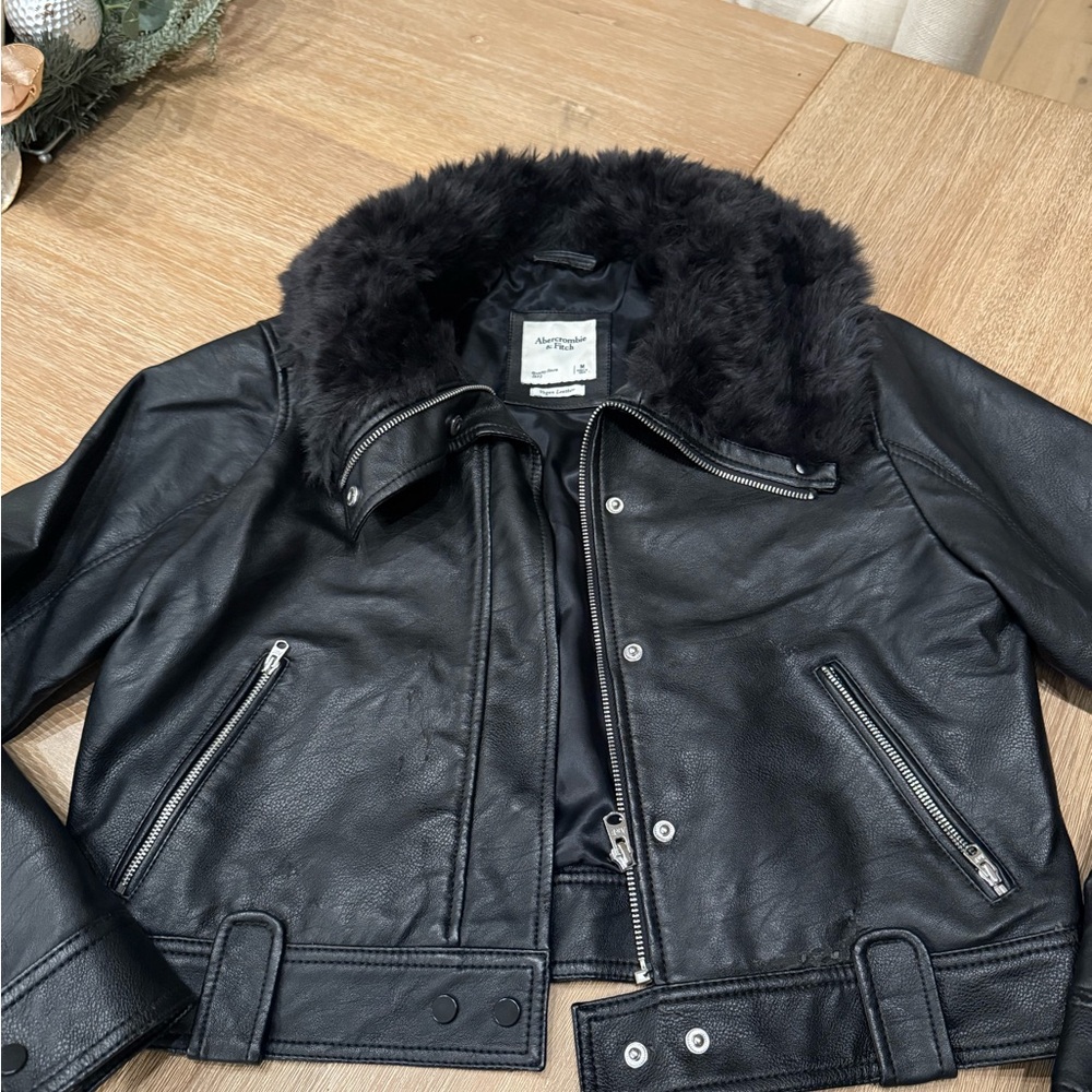 Abercrombie & Fitch Black Leather Jacket with Faux Fur Collar